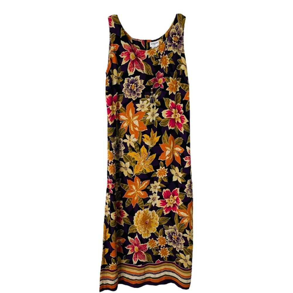 Vintage purple black cream floral tropical vacation necklace midi dress 10P